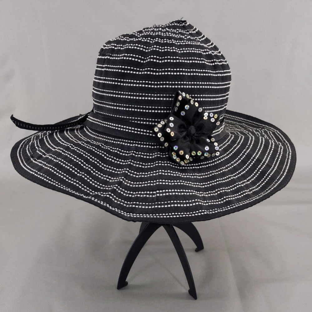 Scala Collezione Sun Hat Black White Striped Sequin Bow Wide Brim Womens